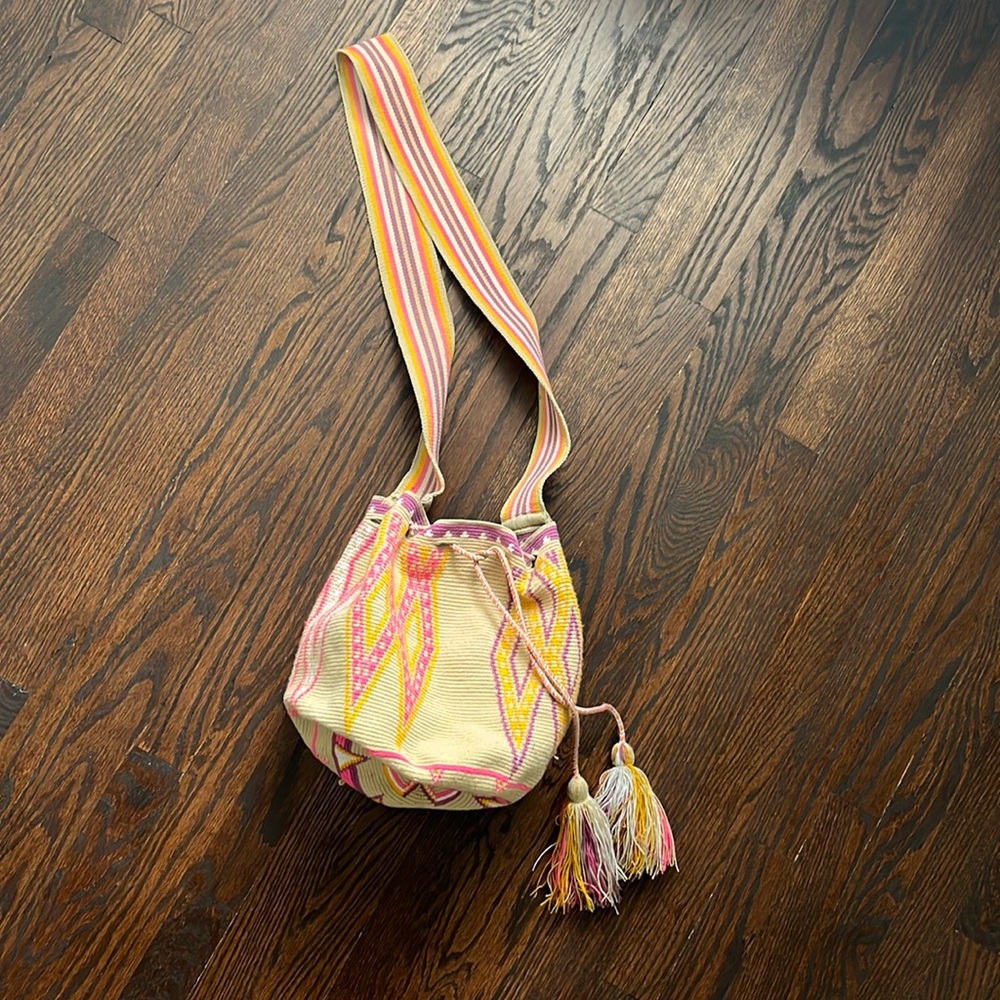 Handmade colorful woven bucket bag with tassels. Crossbody bag.